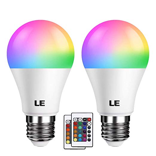 LE Colour Changing Light Bulb E27, RGB   Warm White, 6W Dimmable, A60 LED Bulb, 16 Color Choices for Home Decoration, Remote Controller Included, Pack of 2