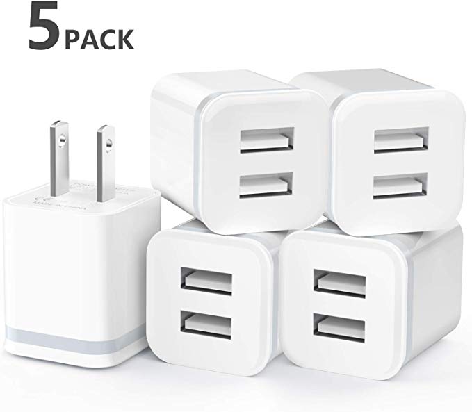 LUOATIP USB Wall Charger, 5-Pack 2.1A/5V Dual Port USB Cube Power Adapter Charger Plug Charging Block Replacement for iPhone Xs/XR/X, 8/7/6 Plus, Samsung, HTC, LG, Moto, Android Phones