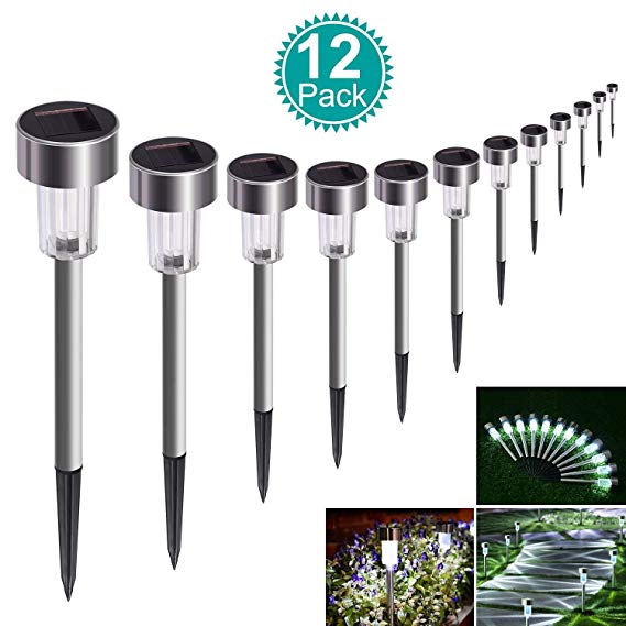 SUNNEST Solar Lights Outdoor 12Pack Solar Garden Lights Stainless Steel LED Solar Pathway Lights Outdoor Landscape Lighting for Lawn Patio Yard Walkway Driveway, White SP-G9652