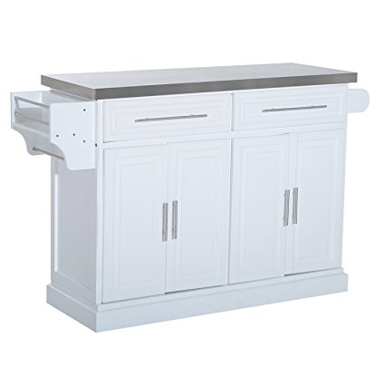 HomCom Modern Rolling Kitchen Island Storage Cart w/ Stainless Steel Top - White