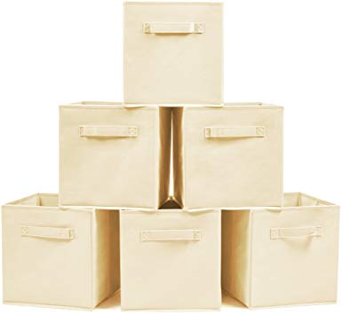 EZOWare Set of 6 Foldable Cube Storage Box, Organiser Basket Containers with Handles, for Home Office Nursery Organisation, 26.7 x 26.7 x 27.8 cm -Beige