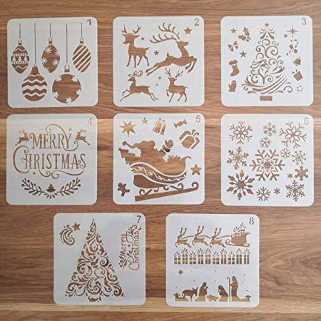 8Pcs Christmas Stencils Template - Reusable Plastic Craft Stencils for Art Drawing Painting Spraying Window Glass Door Wood Journal Scrapbook Car Body Holiday Xmas Snowflake DIY Decoration 5x5 inch