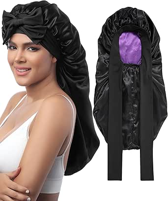 AWAYTR Long Satin Bonnet for Sleeping - Double Layer Reversible Silk Bonnet for Long Hair Women Sleeping Cap with Tie Band