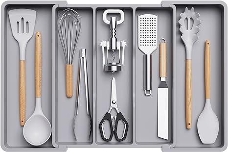 Lifewit Utensil Organizer for Kitchen Drawers, Expandable Cooking Utensil Tray, Adjustable Cutlery Silverware Flatware Holder, Plastic Kitchen Spatula Tools and Gadgets Storage Divider, Large, Gray