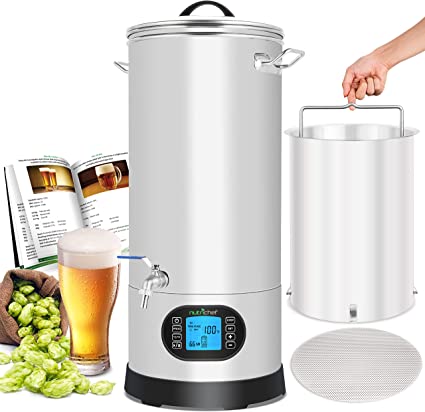 NutriChef PKBRKTL150 All-In-One Home Beer Brewing Mash and Boil Device 5-Piece Maker Machine Set 9 Gallon 1600w Max w/LCD Display Programmable Multi-Step Control System, Stainless Steel