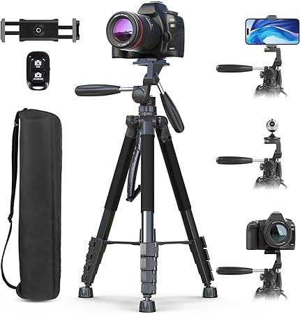 UBeesize 74" Camera Tripod with Phone Holder and Remote, Heavy Duty Tripod Stand with Portable Bag for Phone and Camera, Compatible with DSLR Cameras, Cell Phones, Spotting Scopes and Binoculars