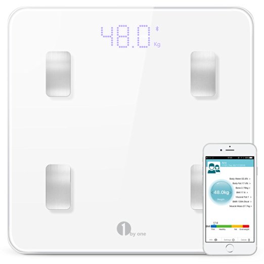 1byone Digital Smart Wireless Body Fat Scale with IOS and Android App to Manage Body weight, Body Fat, Water, Muscle Mass, BMI, BMR, Bone Mass and Visceral Fat, White