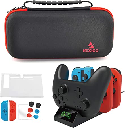 NexiGo Switch Accessories Kit with Joycon Controller Charger for Nintendo Switch, 12 in 1 Switch Carry Case, Game Storage Accessories, Thumb Grip, Screen Protector, Joy-Con Silicone Case (Black)