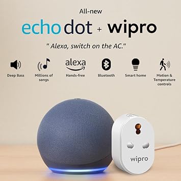 All-New Echo Dot (5th Gen, Blue) Combo with Wipro 16A Smart Plug