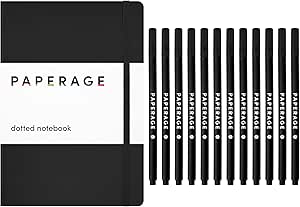 PAPERAGE Dotted Journal Notebook, (Black), 160 Pages, Medium 5.7 inches x 8 inches - 100 gsm Thick Paper, Hardcover & Felt Tip Fine Point Pens, (Black Ink), 12 Pack Bundle