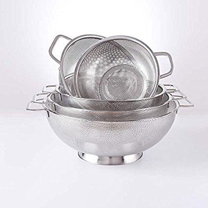 chéri d'amour Colander, Top Rated Micro-Perforated, Stainless Steel, Heavy Duty Handles and Stable Base