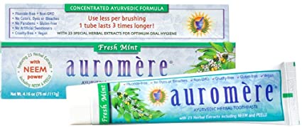 Auromere Ayurvedic Herbal Toothpaste, Fresh Mint - Vegan, Natural, Non GMO, Flouride Free, Gluten Free, with Neem & Peelu (4.16 oz), 1 Pack