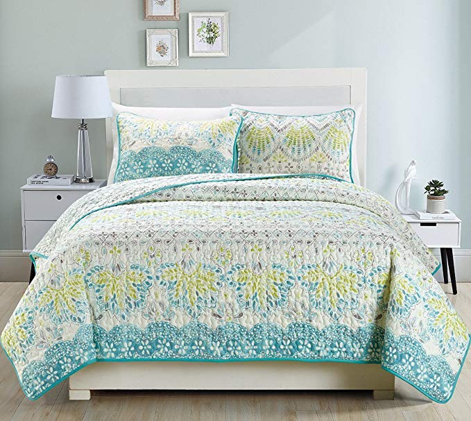 3-Piece Fine printed Oversize (115" X 95") Quilt Set Reversible Bedspread Coverlet KING / CAL KING SIZE Bed Cover (Aqua Blue, Sage Green, Grey)