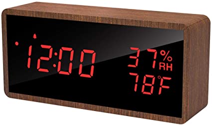 meross Wood Digital Alarm Clock for Bedrooms, Real Wood, Time Temperature Humidity, 3 Sets of Alarms, Adjustable Brightness