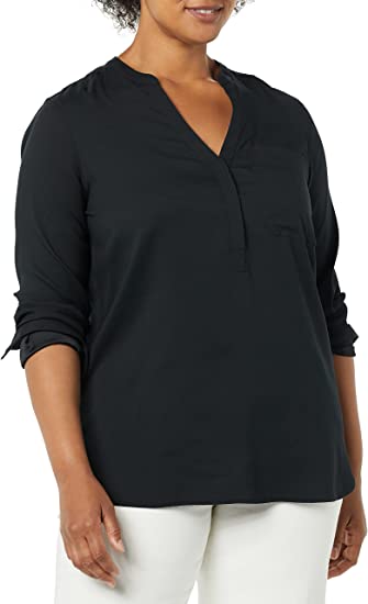 Daily Ritual Women's Georgette Fluid Drape Long-Sleeve Henley Pocket Tunic