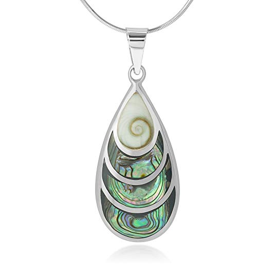 Chuvora 925 Sterling Silver Beautiful Shiva Eye and Abalone Shell Inlay Teardrop Pendant Necklace, 18"