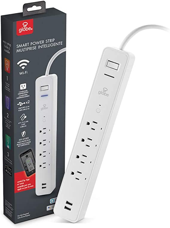 Globe Electric Wi-Fi Smart 4-Outlet Surge Protector 2 USB Port Power Strip, No Hub Required, Voice Activated, Independently Controlled Grounded Outlets, 4ft Cord, White 50077