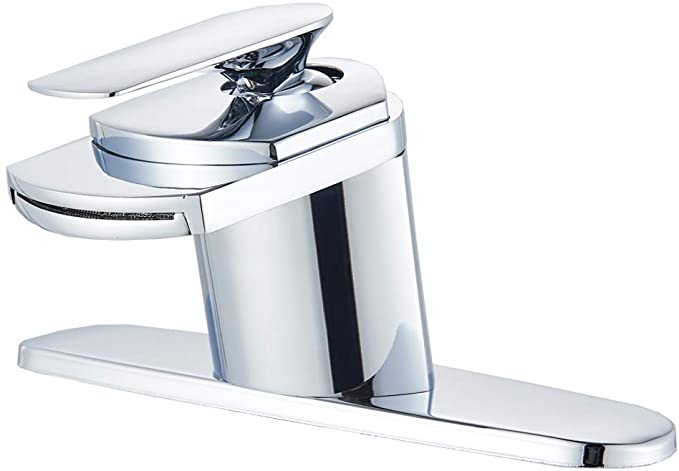 Votamuta Chrome Waterfall Bathroom Basin Sink Vanity Faucet Deck Mounted Mixer Taps with Widespread Hole Cover Plate