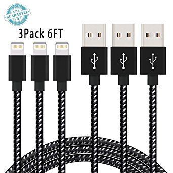 iPhone Cable DANTENG, 3Pack 6FT Extra Long Charging Cord - Nylon Braided 8 Pin to USB Lightning Charger for iPhone 7,SE,5,5s,6,6s,6 Plus,iPad Air,Mini,iPod(Black White)
