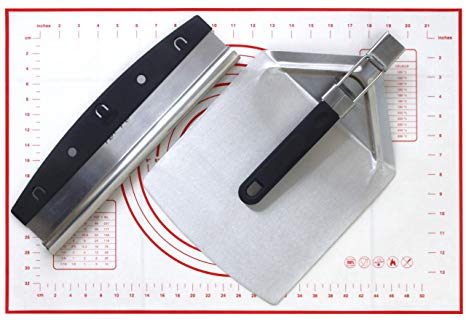 Checkered Chef Pizza Cutter, Pizza Peel and Dough Mat Set - Stainless Steel Rocker Blade Pizza Cutter With Stainless Steel Pizza Peel/Paddle And Silicone Pastry Mat