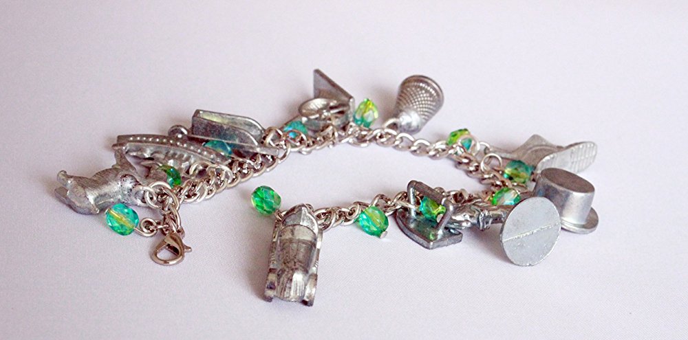 Monopoly Token Charm Bracelet with Green Beads
