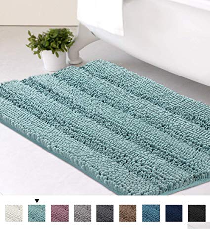 Ultra Soft Texture Chenille Plush Bath Rugs Floor Mats, Hand Tufted Striped Bath Rug Non Slip Microfiber Door Mat for Kitchen/Entryway/Living Room, 32 by 20 inches, Duck Egg Blue