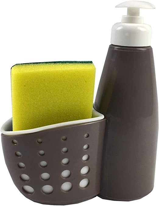 Home Basics Pump with Perforated Sponge Kitchen Sink Countertop Liquid Hand Soap Dispenser Caddy and Scrubber Holder Storage