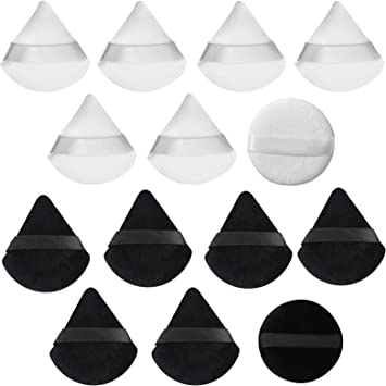 Wellehomi Makeup Powder Puffs, 12pcs Triangle Velour Powder Puffs with 2pcs Round Powder Puffs Apply for Daily Makeup Such as Foundation,Cream,Blush (Black&White)
