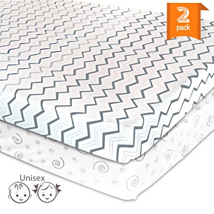 Pack N Play Playard Sheet Set – 2 Pack Jersey Cotton Fitted Sheets for Mini/Portable Crib Mattress by Mom’s Besty™ – Unisex Gray Chevron