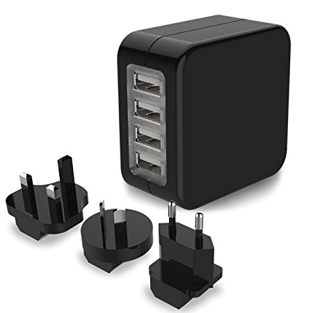 Travel Charger Adaptor- Turata 4 USB Universal World Wall Charger Travel Adapter for Mobile Phones and Tablet -Black