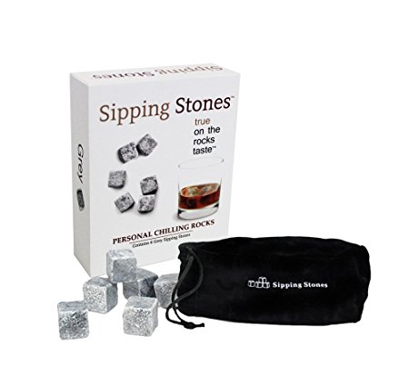 Sipping Stones Whiskey Rocks - Set of 6 Grey Whisky Chilling Rocks in Gift Box with Pouch - 100% Pure Soapstone