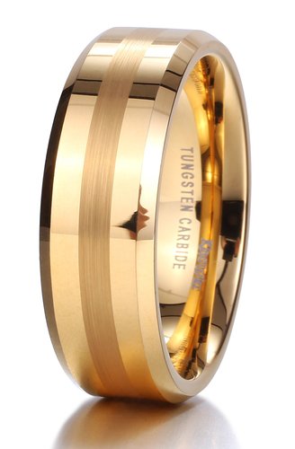 King Will Mens 8mm Matte/Brushed Finish Center Tungsten Carbide Ring 24K Gold Plated Polished Wedding Band