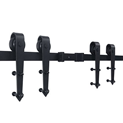 SMARTSTANDARD 12ft Sliding Barn Door Hardware (Black) (Arrow Shape Hangers) (2 x6.6 foot Rail)