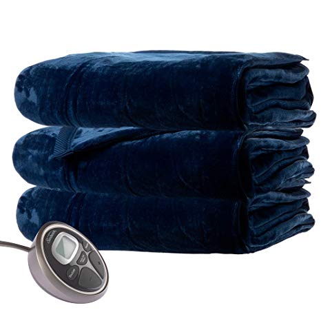 Sunbeam King Premium Soft Electric Heated Blanket Velveteen Plush 20 Heat Settings, Dual Controls (Blue)