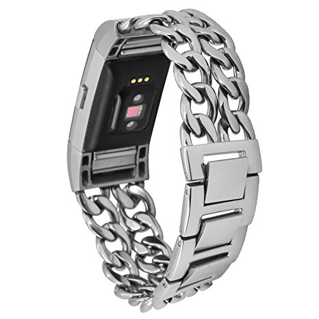 Fitbit Charge 2 Band, Aokay Stainless Steel Metal Cowboy Style Chain Bracelet Watch Band for Fitbit Charge 2 Heart Rate