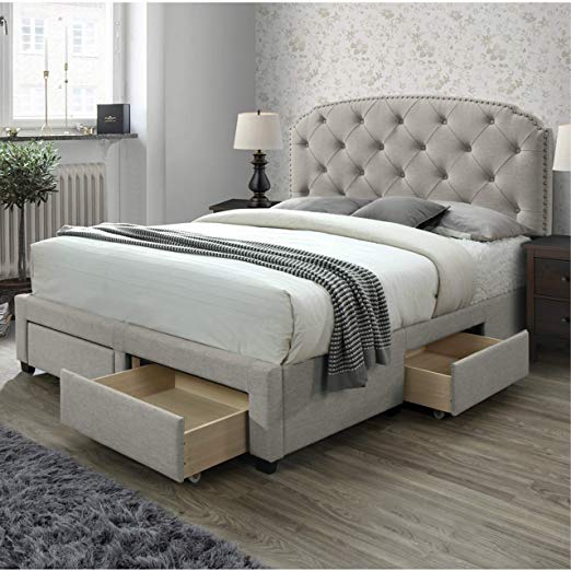 DG Casa 12350-Q-BGE Argo Tufted Upholstered Panel Bed Frame with Storage Drawers and Nailhead Trim Headboard, Queen Size in Beige Linen Style Fabric