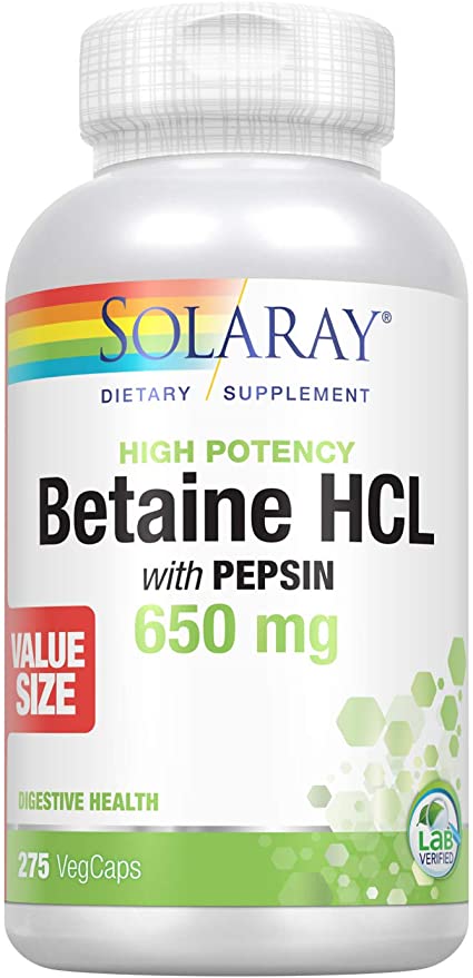 Solaray High Potency Betaine HCL with Pepsin 650 mg | Hydrochloric Acid Formula for Healthy Digestion Support | Lab Verified (275 CT)