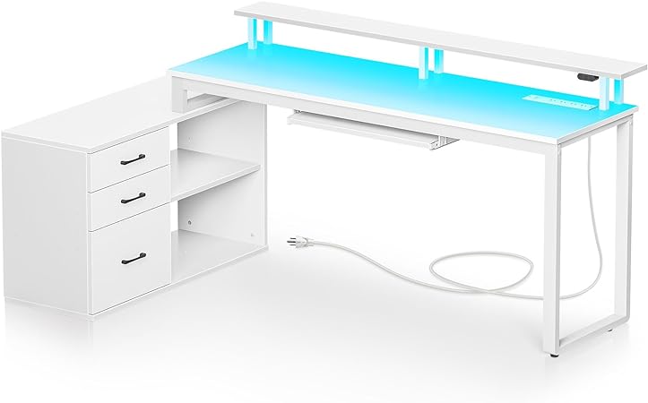 Rolanstar Computer Desk with File Drawer, 55.1" L Shaped Desk with Power Outlet & LED Lights,Home Office Desk with Monitor Stand & Keyboard Tray, Corner Study Writing Table with Storage,White