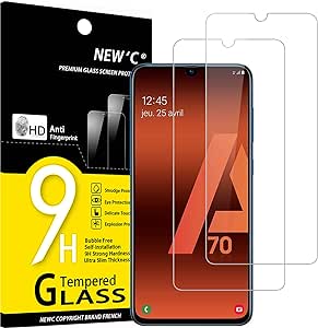 NEW'C 2 Piezas, Protector Pantalla para Samsung Galaxy A70, Cristal templado Antiarañazos, Antihuellas, Sin Burbujas, Dureza 9H, 0.33 mm Ultra Transparente, Ultra Resistente