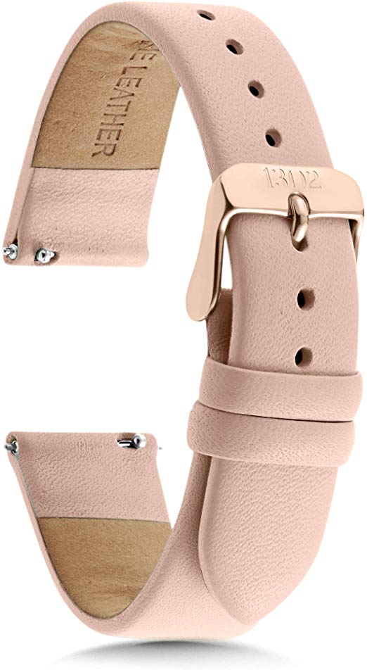 Women's Watch Bands, Women's Leather Watch Bands, 14mm, 18mm, 20mm Easy Interchangeable Watch Band, Quick Release Pin, Rose Gold Buckle, Fits Many Brands