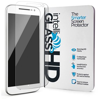 Moto G4 intelliGLASS HD The Smarter Moto G4 Glass Screen Protector by intelliARMOR To Guard Against Scratches and Drops. HD Clear With Max Touchscreen Accuracy.