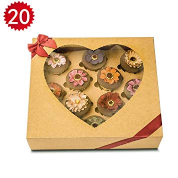 RomanticBaking 20 Pack 12 Cupcake Box Easy Assembly Heart-shaped Thick Food Grade Brown Kraft Pastry Cupcake Box Cardboard