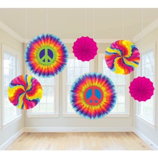 Amscan Groovy 60's Party Swirly Tie-Dye Printed Paper Fan Decorations (6 Piece), Multi Color, 12.9 x 11"