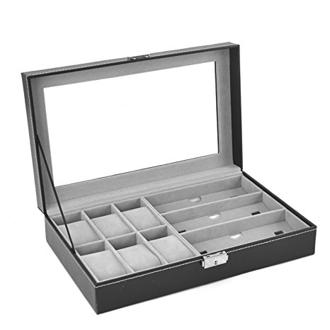 Autoark AW-004 Black Leather 6 Watch Box Jewelry Case and 3 Piece Eyeglasses Storage and Sunglass Glasses Display Case Organizer