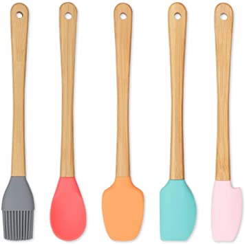 Mini Silicone Spatula Set of 5 Heat Resistant Small Baking Spatulas with Bamboo Handles Kitchen Utensil Set for Baking, Mixing, Cooking, Gifts for Bakers
