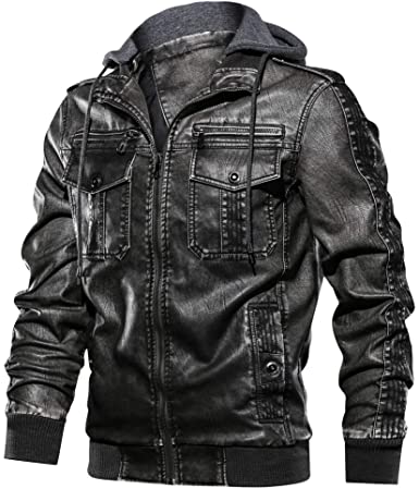 CARWORNIC Men's Faux Leather Motorcycle Jacket Stand Collar Brown Black Leather Jacket with Removable Hood