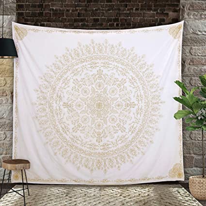 Madhu International Mandala Tapestry Wall Hanging Bohemian Hippie Tapestries Indian Cotton Bedspread (White Gold, Queen(84x90Inches)(215x230cms))