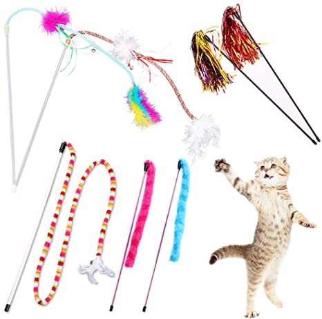 YINVA Cat Feather Toys Cat Wand Toys 7 Pcs Cat Teaser Wand Interactive Train Best Teaser Cat Toy with Assorted Feather for Indoor Cats Kitten