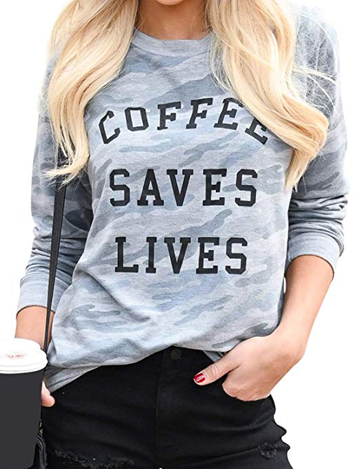SCX Women Coffee Saves Lifes Letter Sweatshirt Long Sleeve Crew Neck Camouflage Tops Hoodie