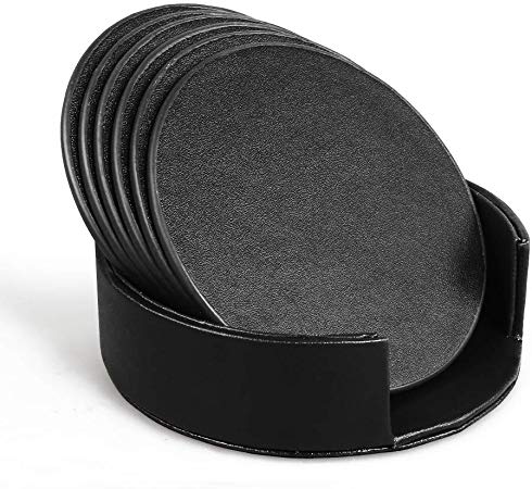 KWANITHINK Coaster for Drinks, 6pcs Leather Coasters with Holder, Drink Coasters Mats Protect Furniture from Damage (Black)